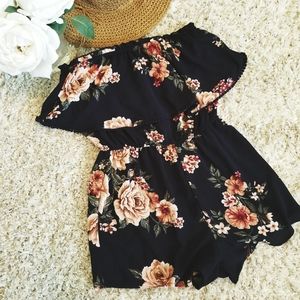 Navy Floral Ruffle Pom Pom Bandeau Romper Size M